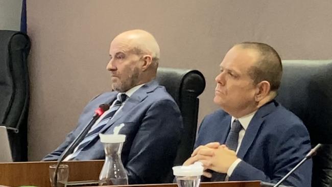 Dubbo Regional Council interim CEO Dean Frost and acting mayor Stephen Lawrence at an extraordinary council meeting held in April 2021. Picture: Ryan Young