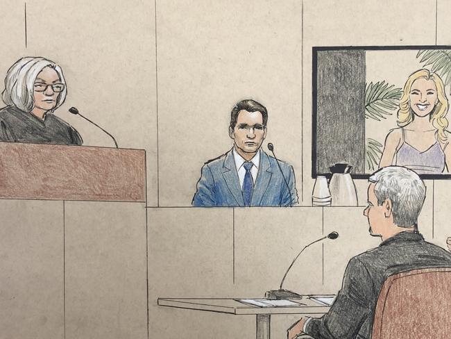 A courtroom sketch of Don Damond on the stand. Sketch: Cedric Hohnstadt