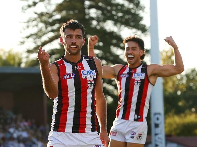 ADELAIDE, AUSTRALIA - APRIL 07: Riley Bonner of the Saints celebrates a goal with Mitch Owens of the Saints during the 2024 AFL Round 04 match between the Richmond Tigers and the St Kilda Saints at Norwood Oval on April 07, 2024 in Adelaide, Australia. (Photo by Sarah Reed/AFL Photos via Getty Images)