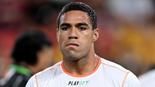 BRISBANE, AUSTRALIA - APRIL 01: Joe Ofahengaue of the Tigers is seen during the warm up before the round five NRL match between Brisbane Broncos and Wests Tigers at Suncorp Stadium on April 01, 2023 in Brisbane, Australia. (Photo by Bradley Kanaris/Getty Images)