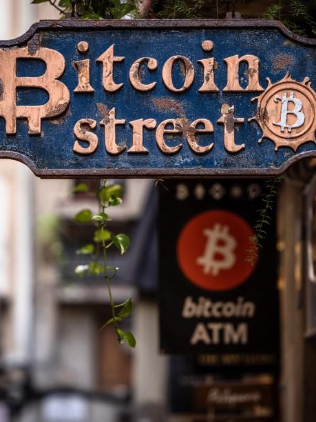 A sign for ‘Bitcoin Street’ outside a cryptocurrency exchange in Barcelona. Picture: Angel Garcia/Bloomberg