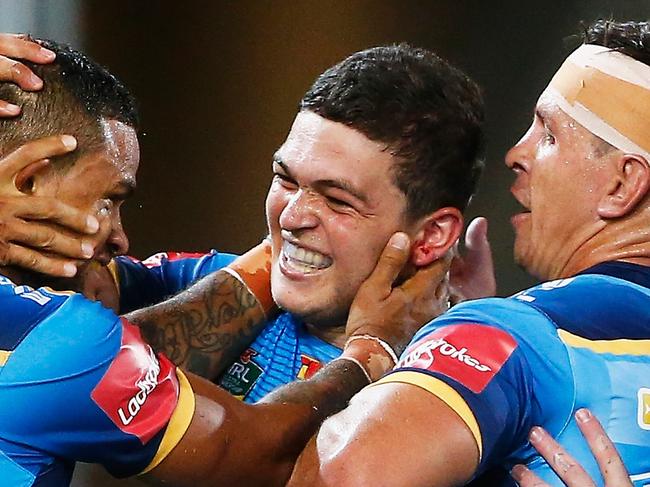 GOLD COAST, AUSTRALIA - MARCH 19:Ashley Taylor of the Titans celebrates scoring a try during the round three NRL match between the Gold Coast Titans and the Wests Tigers at Cbus Super Stadium on March 19, 2016 in Gold Coast, Australia. (Photo by Jason O'Brien/Getty Images)