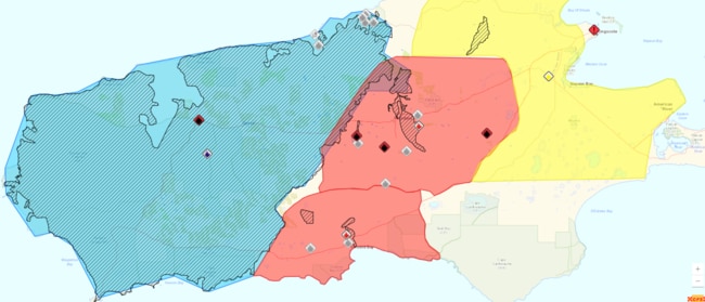 A map showing the CFS incidents on Kangaroo Island as of 10.50pm Thursday.