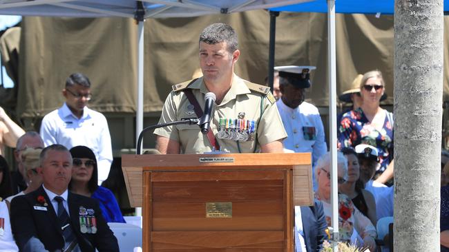 Major Peter Jarvis of the 51st Battalion delivers the key address at the Cairns RSL's Remembrance Day service on the Cairns Esplanade. Picture: Brendan Radke