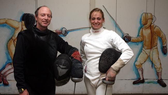 Gerard Adams (coach) and Angela Darby, pentathlete at the VRI fencing club in Richmond.