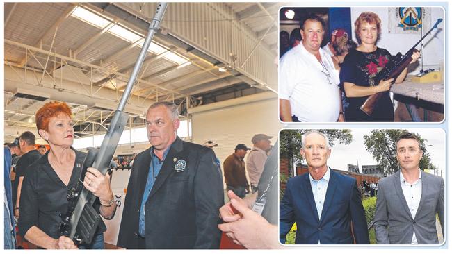 Pauline Hanson tests guns in Perth in October, above, and Penrith, western Sydney, in 1999, top right; inset above, Steve Dickson, left, and James Ashby in Brisbane on Tuesday.