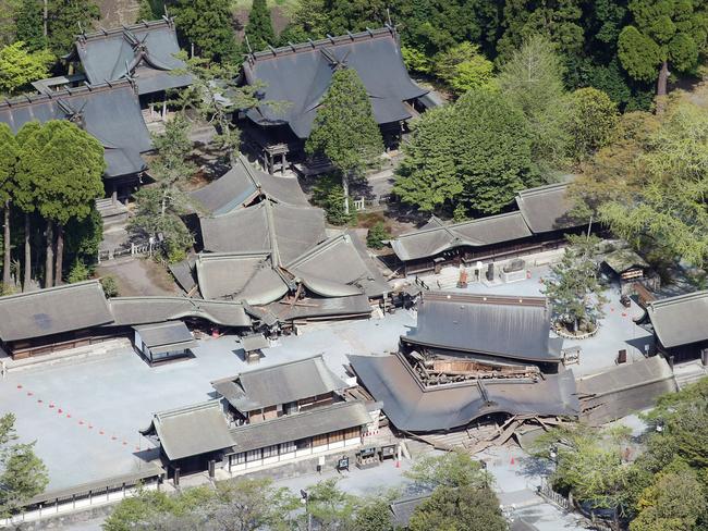 Aso Shrine is destroyed by an earthquake in Aso, Kumamoto prefecture, southern Japan. Picture: Kyodo News.