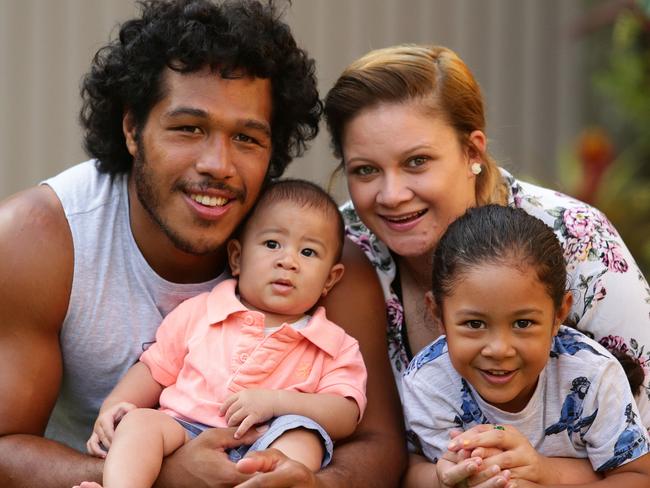 ****CONTACT COURIER MAIL SPORT DESK BEFORE USE****Agnatius Paasi with sons Manatoa, 4, Agnatius Jnr, 4 months, and partner Chloe. Pic by Luke Marsden.