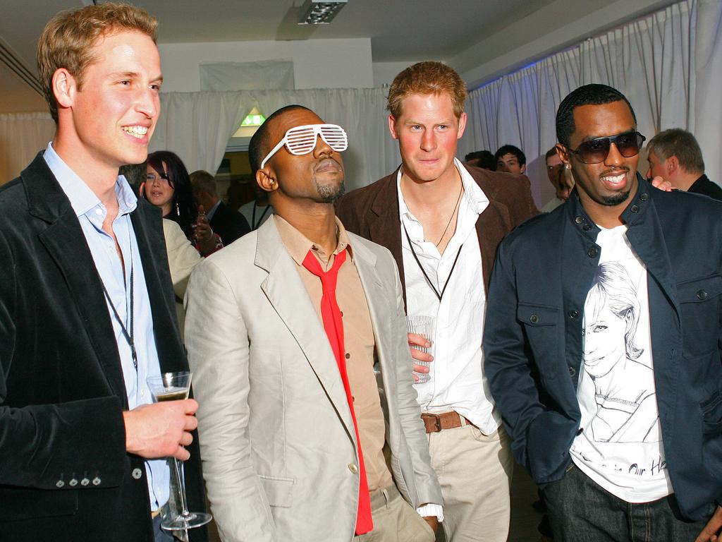 Prince William and Prince Harry join rappers Kanye West and P Diddy during a backstage party at Wembley stadium in north London in 2007.