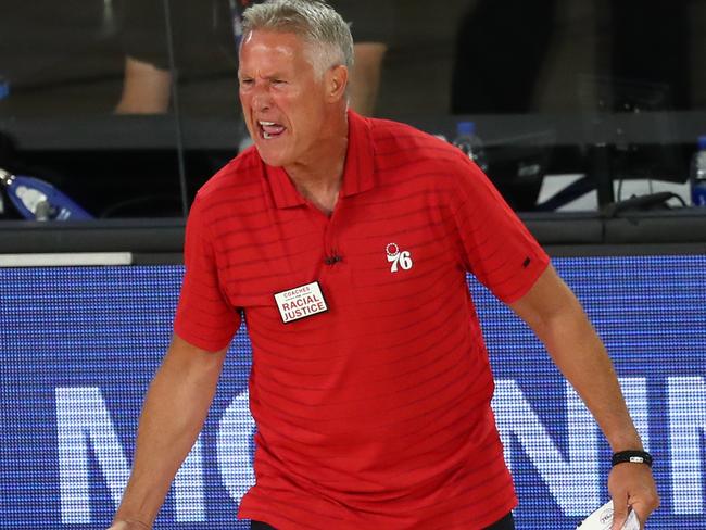 LAKE BUENA VISTA, FLORIDA - AUGUST 23: Head coach Brett Brown of the Philadelphia 76ers reacts after receiving a technical foul against the Boston Celtics during the third quarter in Game Four of the first round of the playoffs at The Field House at ESPN Wide World Of Sports Complex on August 23, 2020 in Lake Buena Vista, Florida. NOTE TO USER: User expressly acknowledges and agrees that, by downloading and or using this photograph, User is consenting to the terms and conditions of the Getty Images License Agreement. (Photo by Kim Klement-Pool/Getty Images)