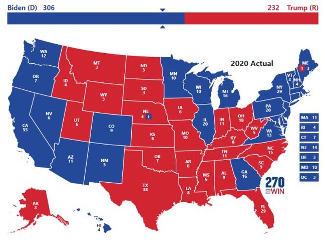 And in 2020, when Mr Biden beat Mr Trump. Picture: 270toWin