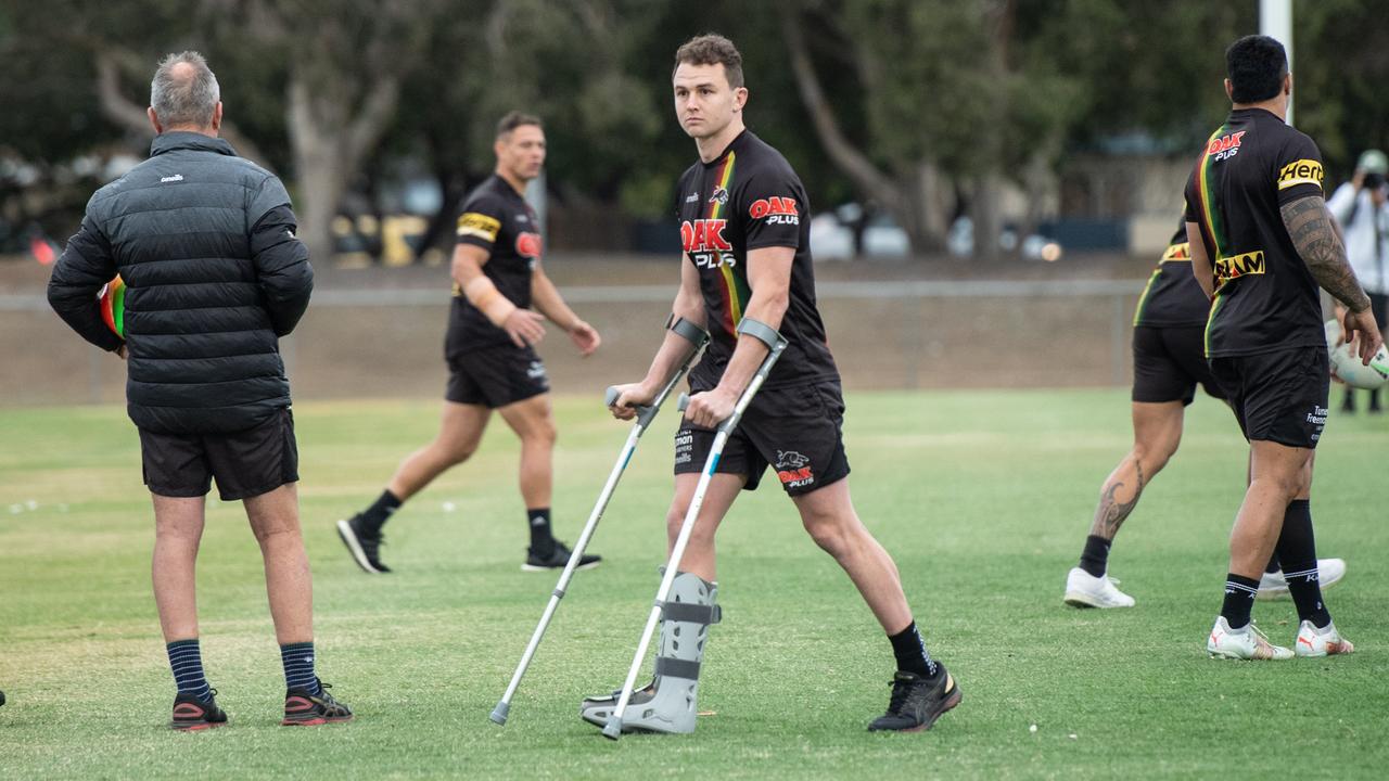 Dylan Edwards had been walking on crutches in the lead-up to the NRL Grand Final. Picture: Brad Fleet