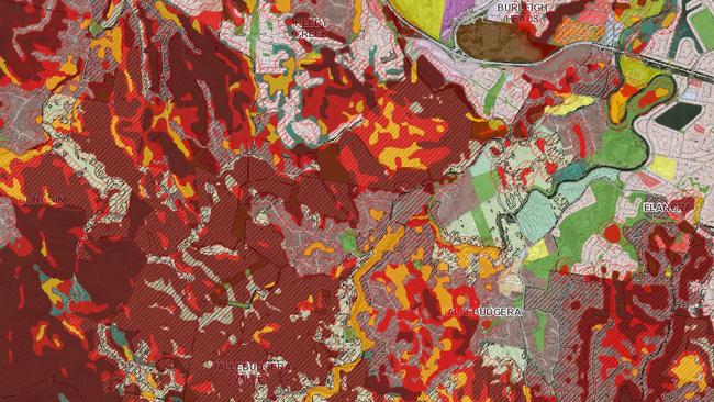 Southern Gold Coast suburbs and their bushfire risk, according to Gold Coast City Council. Dark red represents a “very high” potential bushfire hazard.