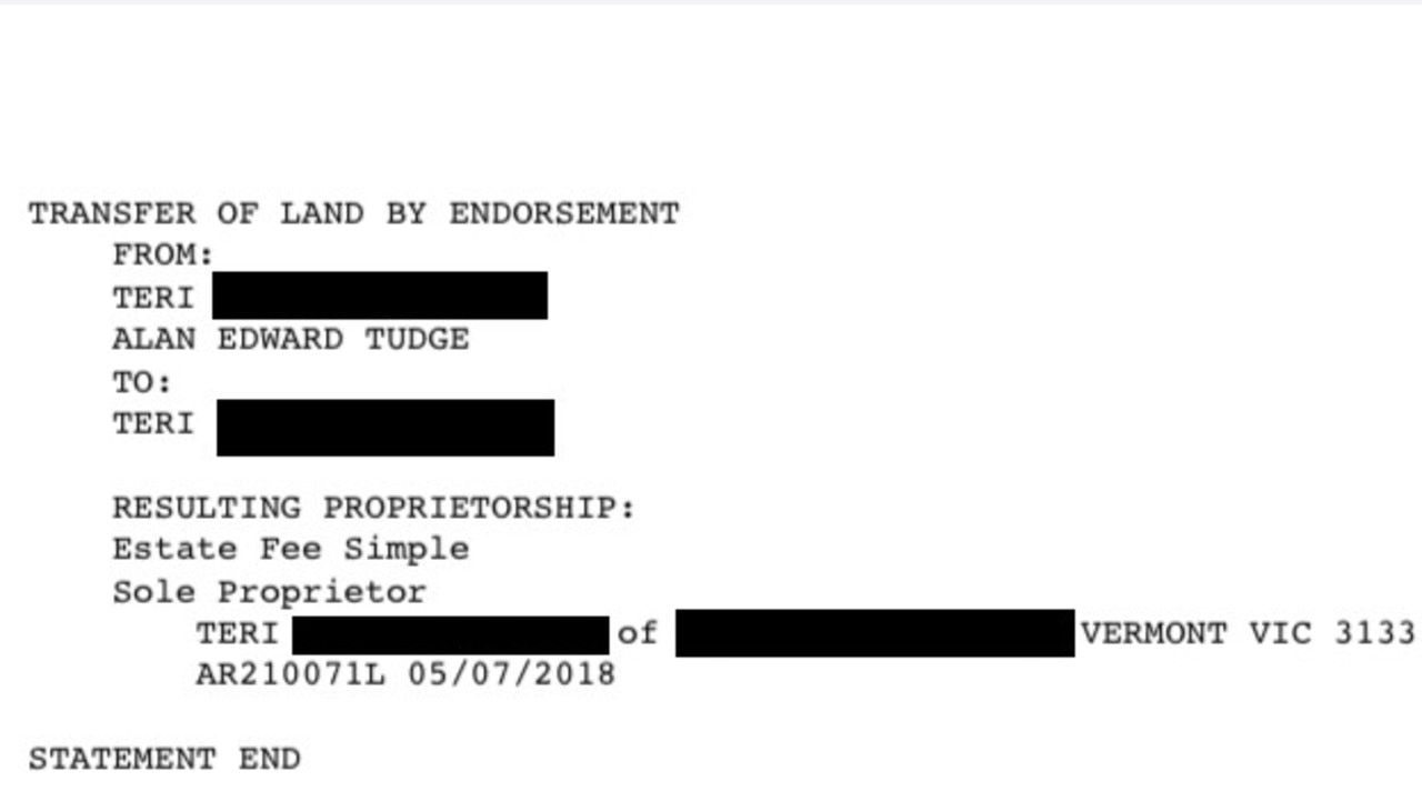 Land title documents show a Vermont home jointly owned by MP Alan Tudge and his ex-wife Teri was transferred entirely into her name in 2018.