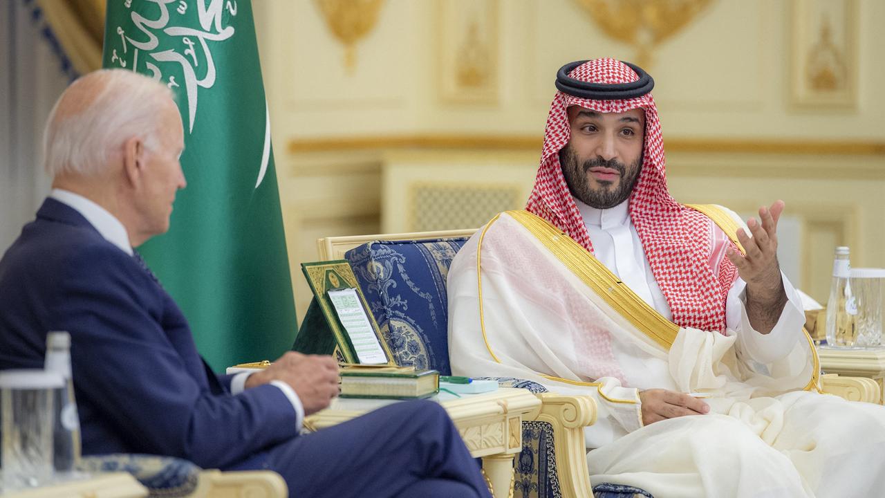 Biden landed in Saudi Arabia and met Crown Prince Mohammed bin Salman on Friday. Picture: Bandar Al-Jaloud.