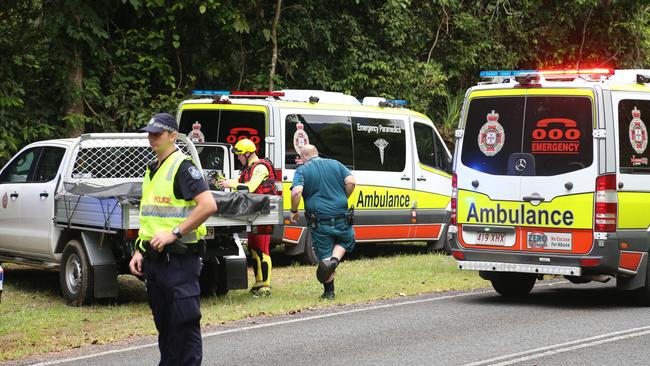Emergency services at Babinda Boulders, where a search is under way for a missing swimmer reported to have drowned. Picture: Joshua Davies.