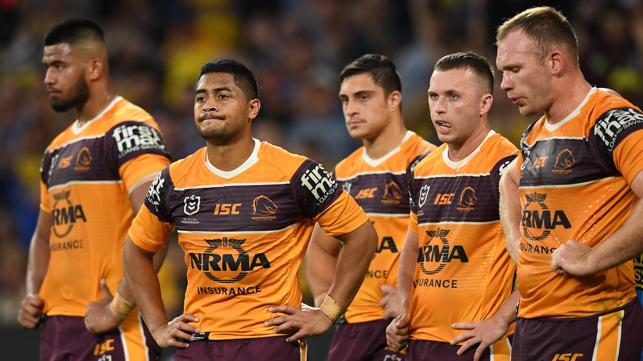 Broncos players digest their humiliating 58-0 loss to the Eels.