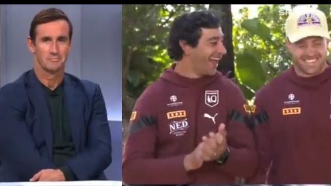 Andrew Johns (L) did not see the funny side of (R) Johnathan Thurston and Cam Munster's joke.