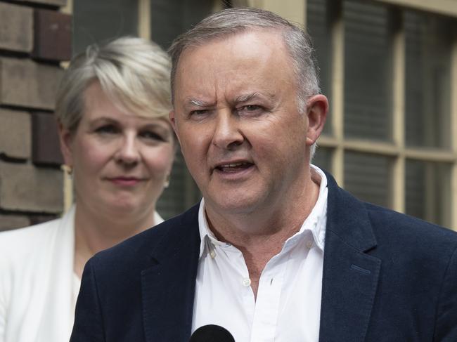 SYDNEY, AUSTRALIA - NewsWire PhotosSunday, 18 October 2020.The Leader of the Australian Labor Party, Anthony Albanese pictured speaking on the corner of Layton St & Pyrmont Bridge Rd where he grew up in unit 41, behind on the left Shadow Minister for Education and Training, Tanya Plibersek. Picture: NCA NewsWire/ Monique Harmer