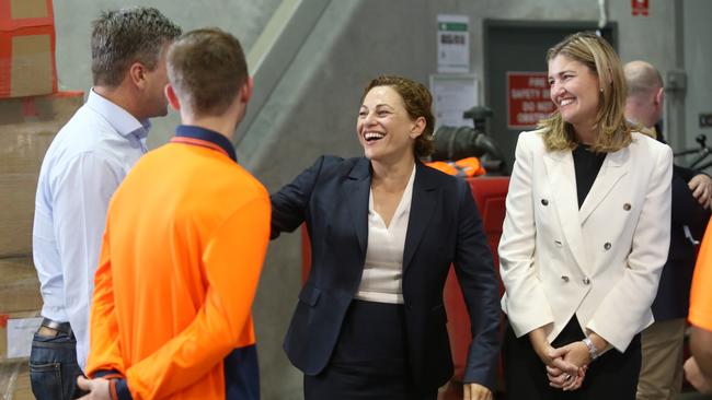 Then-Deputy Premier and Treasurer Jackie Trad (centre) and then-Employment Minister Shannon Fentiman (right) in 2017. Picture: Jono Searle