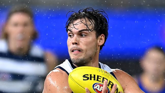 BRISBANE, AUSTRALIA - APRIL 20: Jack Bowes of the Cats in action during the round nine AFL match between Brisbane Lions and Geelong Cats at The Gabba, on April 20, 2024, in Brisbane, Australia. (Photo by Albert Perez/AFL Photos via Getty Images)