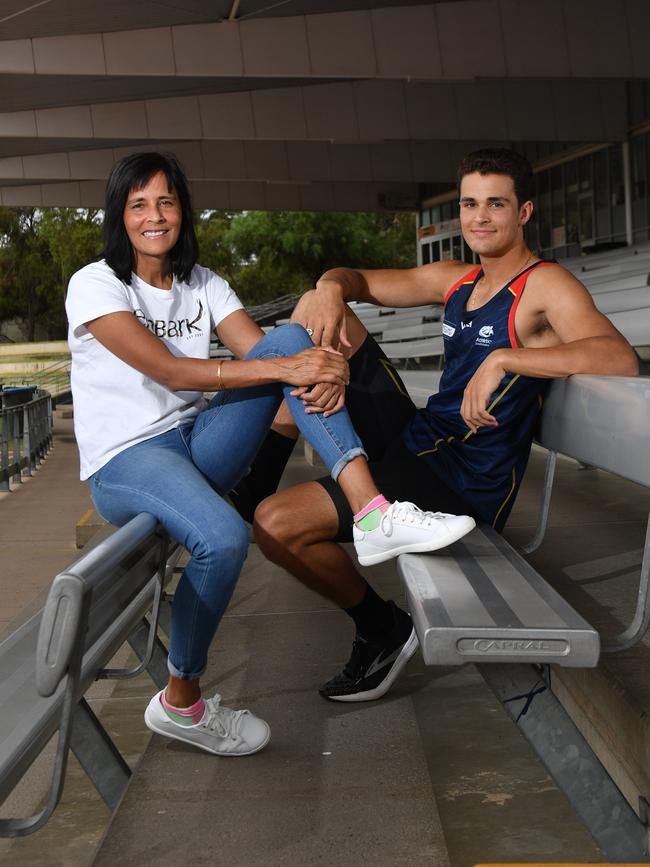 Emerging sprinter Aidan Murphy with mum and Commonwealth Games medallist Tania Van Heer. Together they hold 12 state records. Picture: Keryn Stevens