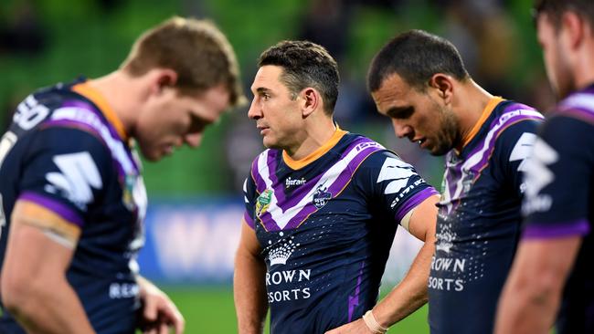 Billy Slater of the Storm ponders after the team's loss during the Round 11 NRL match between the Melbourne Storm and the Manly-Warringah Sea Eagles at AAMI Park in Melbourne, Saturday, May 19, 2018. (AAP Image/Joe Castro) NO ARCHIVING, EDITORIAL USE ONLY