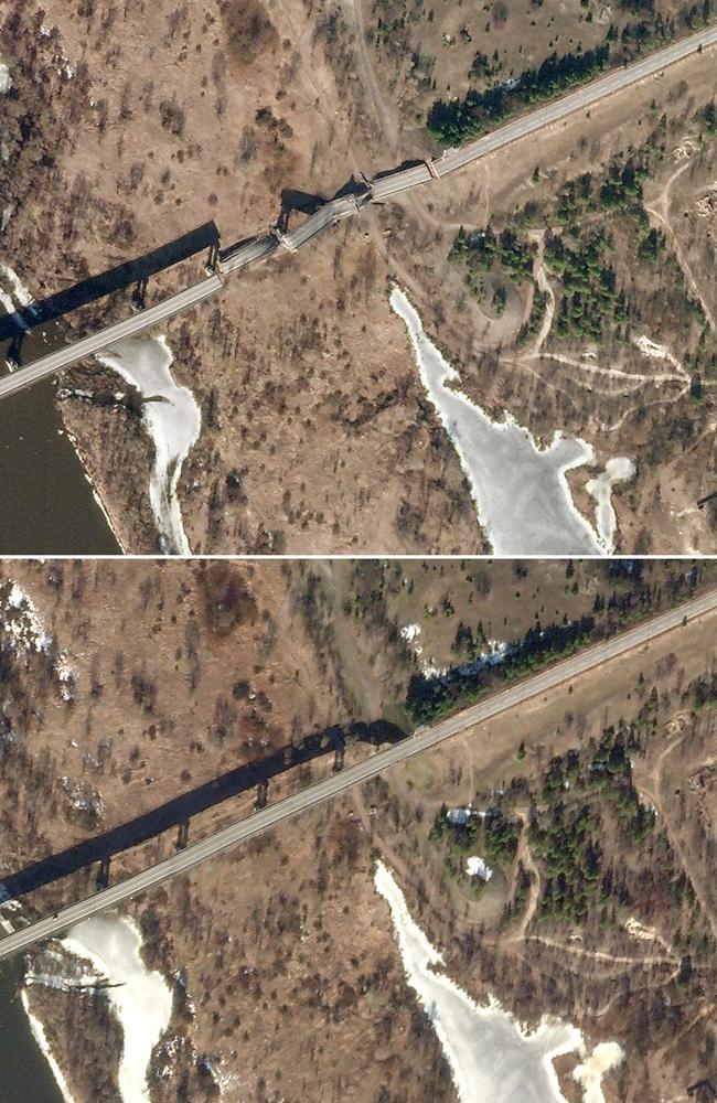 Satellite images showing the Kamaryn Slavutych Border Crossing Bridge over the Dnieper River between Ukraine and Belarus on after it was reportedly blown up by Ukrainian forces. Picture: AFP Photo / Planet Labs PBC