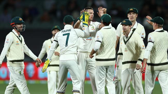 ADELAIDE, AUSTRALIA - DECEMBER 17: Josh Hazlewood of Australia celebrates taking the LBW wicket of Hanuma Vihari of India for 16 runs during day one of the First Test match between Australia and India at Adelaide Oval on December 17, 2020 in Adelaide, Australia. (Photo by Cameron Spencer/Getty Images)