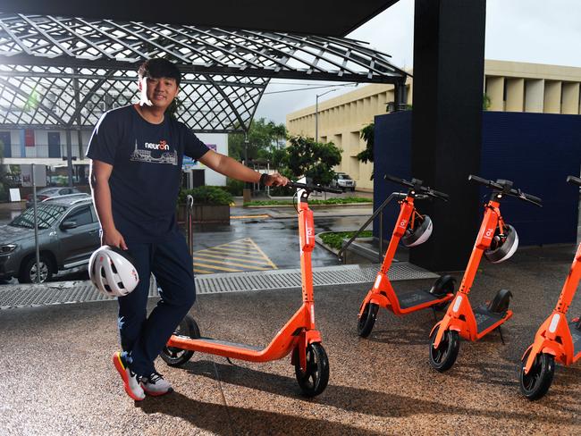 Neuron Mobility chief executive Zachary Wang with e-scooters being introduced on to Darwin streets.Picture: Che Chorley.