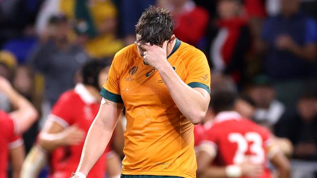 LYON, FRANCE - SEPTEMBER 24: Nick Frost of Australia looks dejected at full-time following the Rugby World Cup France 2023 match between Wales and Australia at Parc Olympique on September 24, 2023 in Lyon, France. (Photo by Alex Livesey/Getty Images)