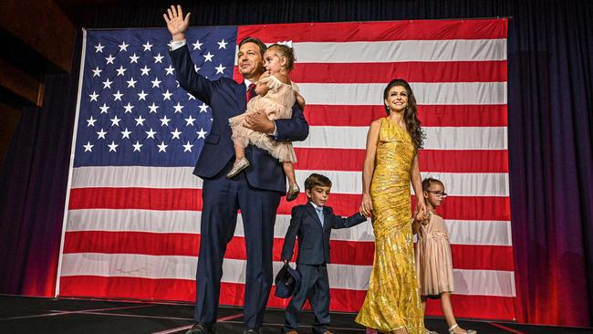 Republican presidential hopeful Ron DeSantis with his wife Casey DeSantis and children Madison, Mason and Mamie during an election night party in Florida last November. Picture: AFP