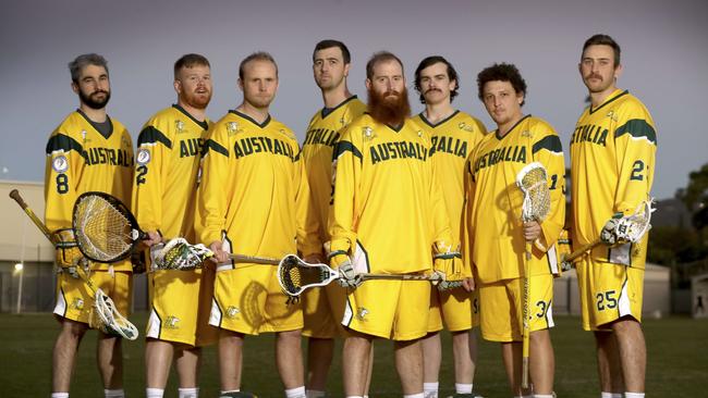 SA has eight members of the Australian Indoor Lacrosse team heading to Canada on 13 September for the World Champs. (LtoR) — Kieran Sandow, Sam Kilford, Cam Adams, Ryan Gaspari, Jessie Whinnen, James Mullins, Dave Gal and Cam Semmler. Picture: Dean Martin