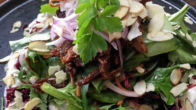 MR JONES AND ME: The new warm lamb salad with mint, cucumber, house-made tzatziki, beetroot and roasted almonds. Picture: Caitlin Zerafa