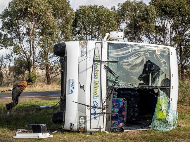 The scene of the Victorian school bus crash at, Eyensbury. Experts believe more can be done to make the likelihood of being severely injured and killed. Picture: Jake Nowakowski