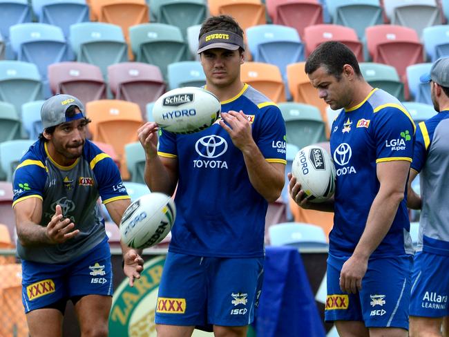 NQ Cowboys training at 1300Smiles Stadium. Johnathan Thurston, Jake Clifford and Shaun Fensom. Picture: Evan Morgan