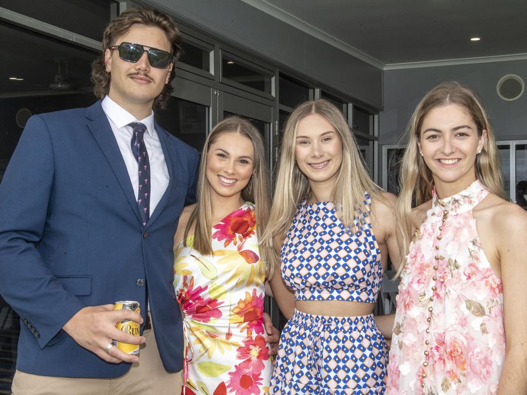 (from left) Jake Willett, Isabella Byrne, Sophie Simpson and Emily Clark. Melbourne Cup Day at the Toowoomba Turf Club. Tuesday, November 1, 2022. Picture: Nev Madsen.