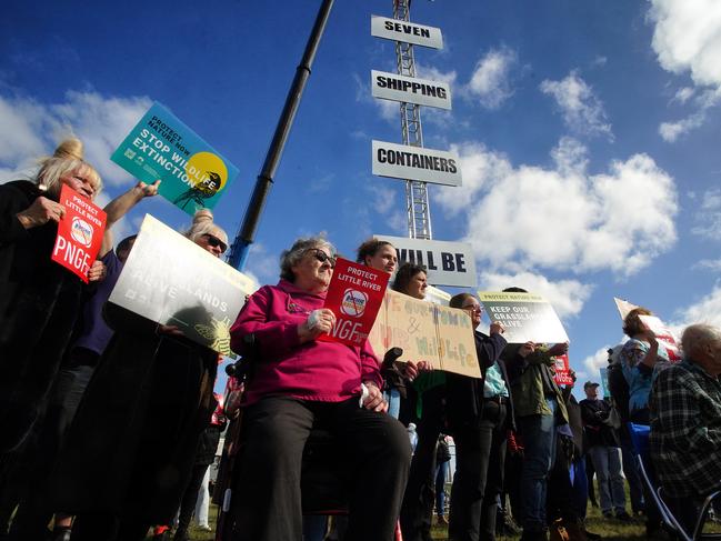 MELBOURNE AUSTRALIA - NewsWire Photos AUGUST 24, 2024:  Protestors rally against a $3 billion freight hub at Little River.Picture: NewsWire / Luis Enrique Ascui