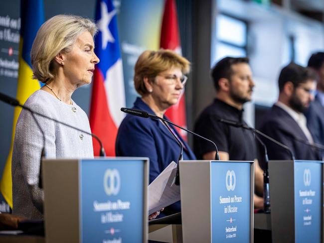 President of the European Commission Ursula von der Leyen, Swiss Federal President Viola Amherd and Ukraine's President Volodymyr Zelenskyy attend the peace summit. Picture: AFP