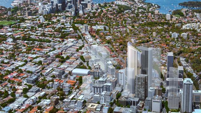 An aerial view of the proposed tower, alongside other developments planned in the St Leonards precinct.