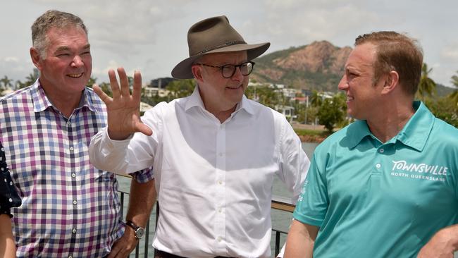 Prime Minister Anthony Albanese with State Resources Minister Scott Stewart and Premier Steve Miles at the Townsville Quayside Terminal, with Castle Hill in the background. Picture: Evan Morgan