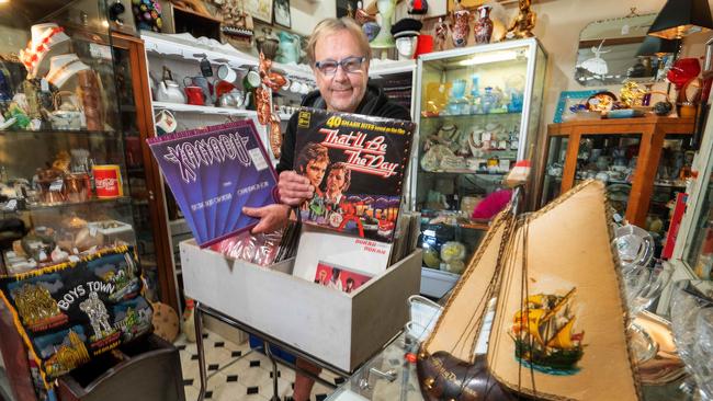 Chapel St Bazaar, Stall holder Russell Jacobi in his quirky vintage/antiques stall, which is set to be able to open for indoor shopping from this Friday. Picture: Tony Gough