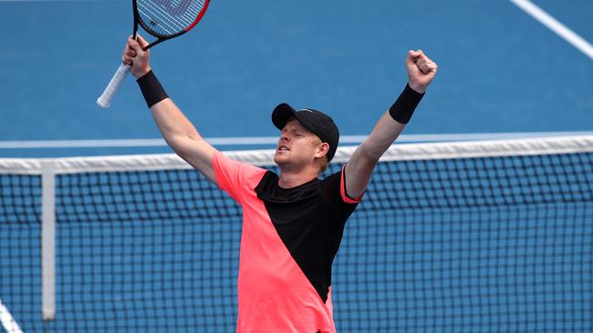 Kyle Edmund celebrates his first-round win over Kevin Anderson.