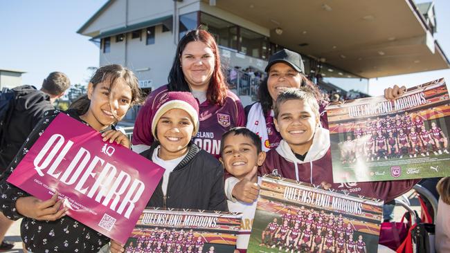 At Queensland Maroons fan day are (front, from left) Carly Turnbull, Minnie Turnbull, Caiden Turnbull, Jacob Turnbull and (back, from left) Alkira Turnbull and Jackie Lasserre at Toowoomba Sports Ground, Tuesday, June 18, 2024. Picture: Kevin Farmer