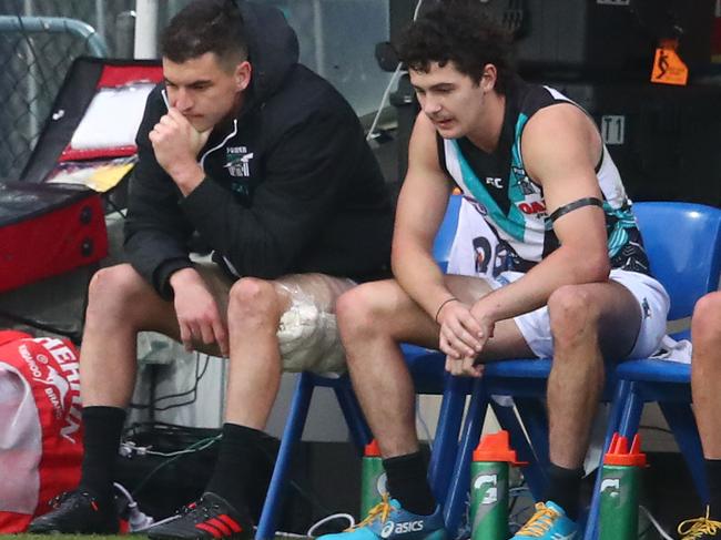 Port Adelaide’s Tom Rockliff didn’t finish Saturday’s game against Hawthorn in Launceston after feeling cramping in his left hamstring. Picture: Scott Barbour/Getty Images