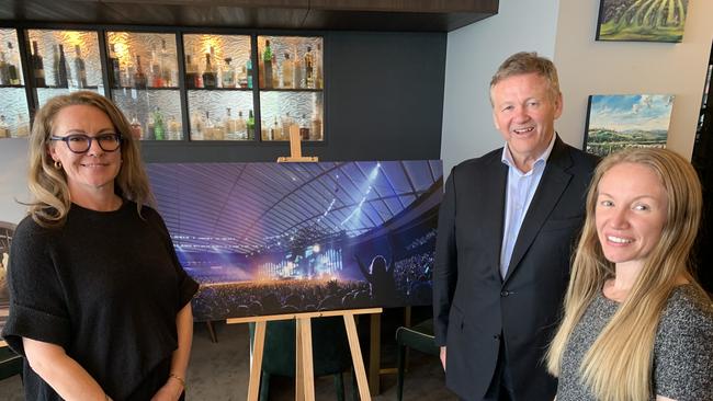 Tasmania Football Club director Laura McBain, TEG chief executive Geoff Jones, and Macquarie Point Development Corporation chief executive Anne Beach at Frogmore Creek wine bar in Hobart. Picture: Duncan Abey