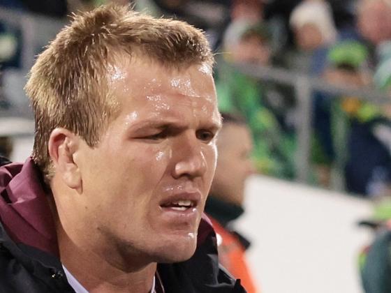 CANBERRA, AUSTRALIA - MAY 21:  Jake Trbojevic of the Sea Eagles talks to a trainer sits on the team bench during the round 12 NRL match between Canberra Raiders and Manly Sea Eagles at GIO Stadium on May 21, 2023 in Canberra, Australia. (Photo by Mark Metcalfe/Getty Images)