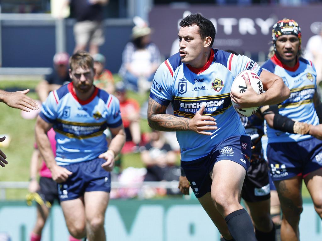 Clydesdales' Neihana Oldham runs the ball up in the Hostplus Queensland Cup rugby league match between the Northern Pride and the Western Clydesdales, held at Barlow Park. Picture: Brendan Radke