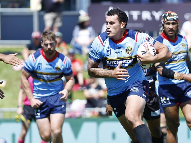 Clydesdales' Neihana Oldham runs the ball up in the Hostplus Queensland Cup rugby league match between the Northern Pride and the Western Clydesdales, held at Barlow Park. Picture: Brendan Radke