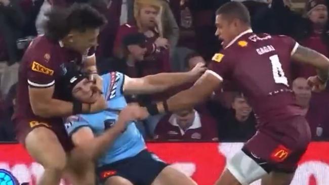 Tino Fa’asuamaleaui grabs Matt Burton in a headlock during Origin III. Picture: Fox League